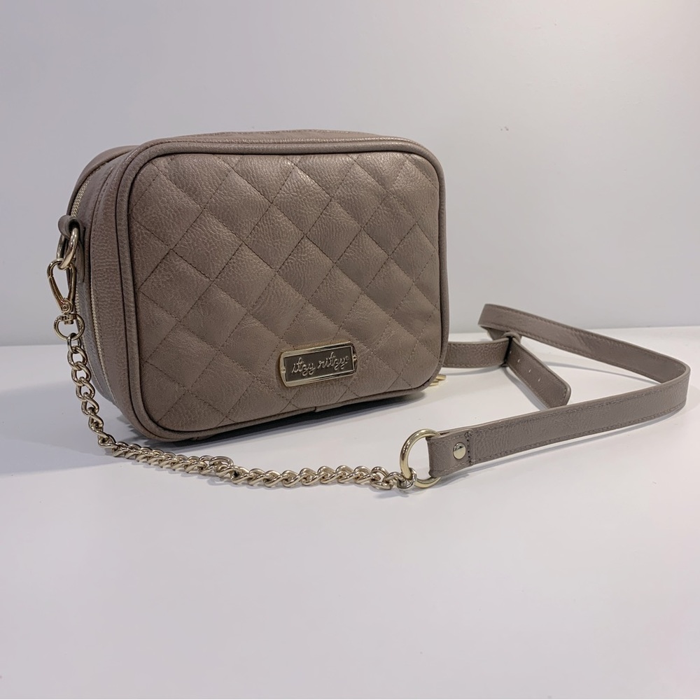 Itzy Ritzy Crossbody Diaper Bag Tan Beige Double Take Faux Quilted Leather chain